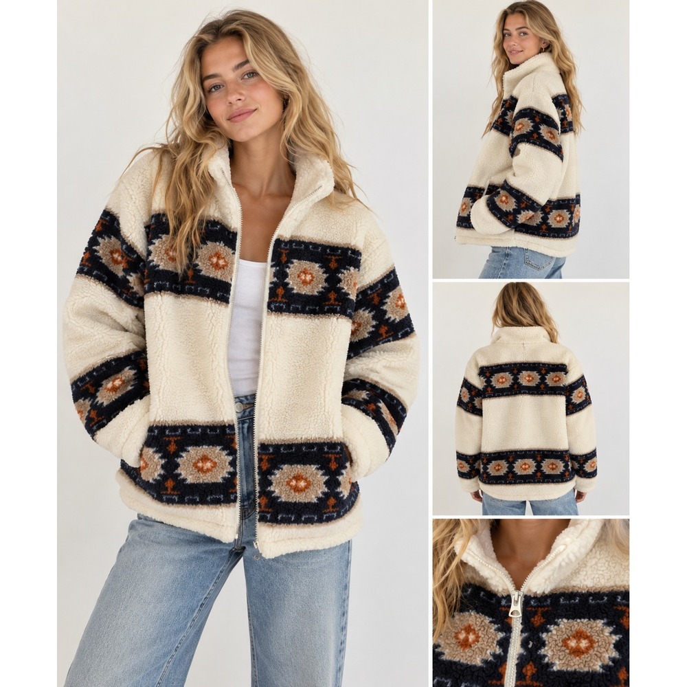 Lucky Brand Sherpa Fleece Jacket Cream Southwest Geometric Print Women's Sz M